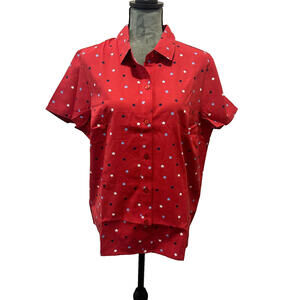 Red Star Print Button Front Short Sleeve Patriotic Shirt  Women's Large